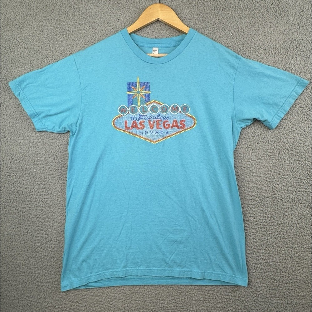 VINTAGE Y2K Welcome To Fabulous Las Vegas Nevada T Shirt Large Blue Embellished
